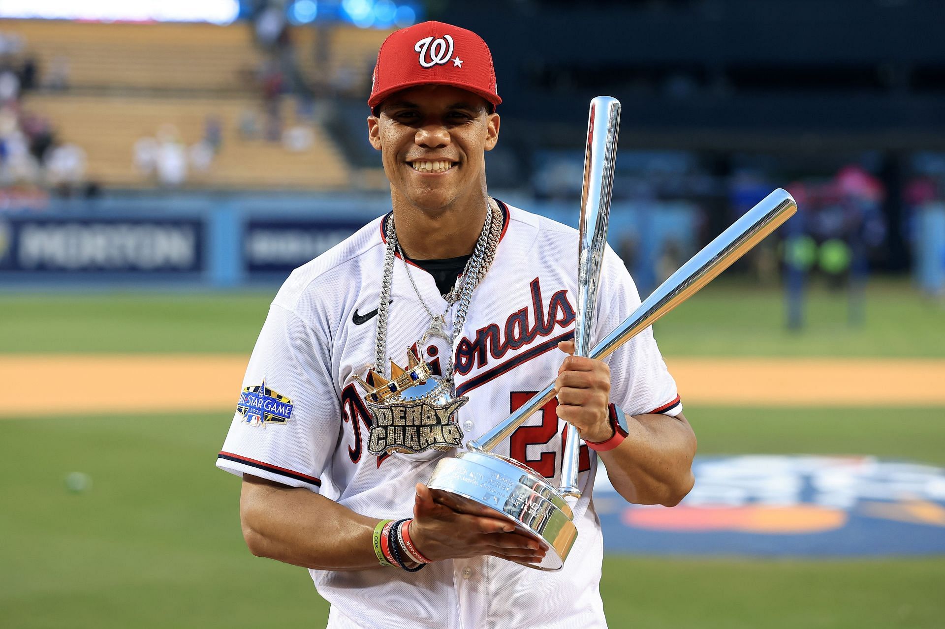 Soto holding the Home Run Derby trophy following the completion of the 2022 T-Mobile Home Run Derby.